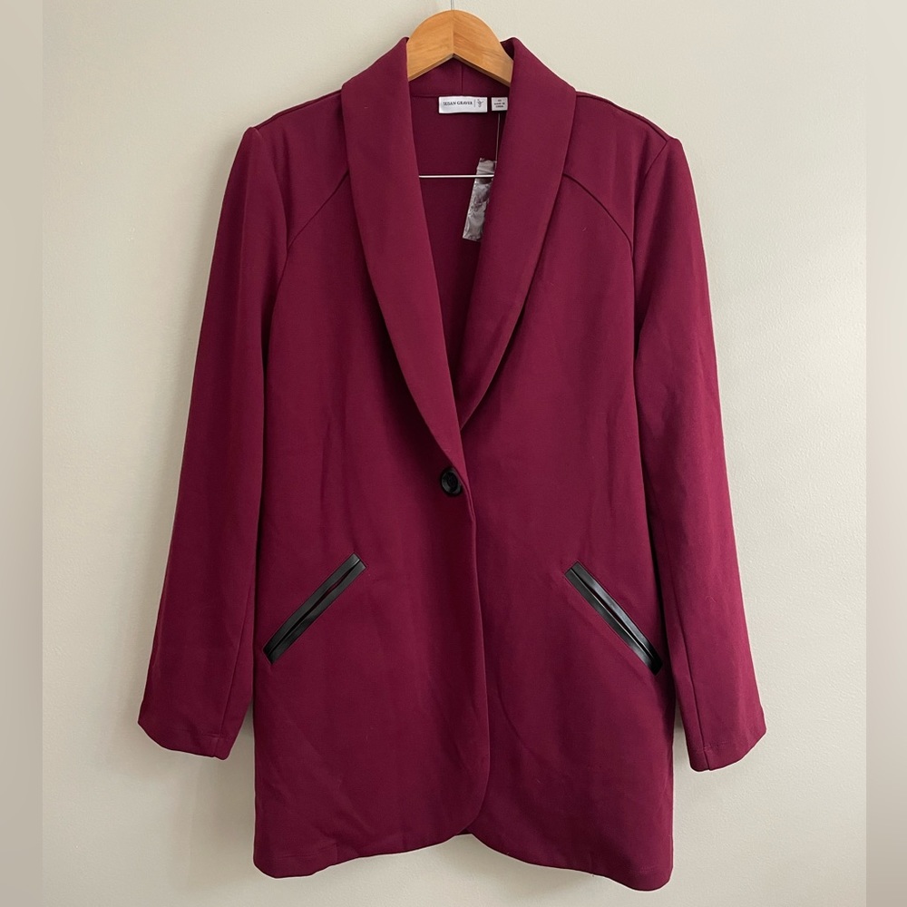 Susan Graver Ponte‎ Knit Shawl Collar Blazer-Sz 10 NWT Faux Leather Burgundy